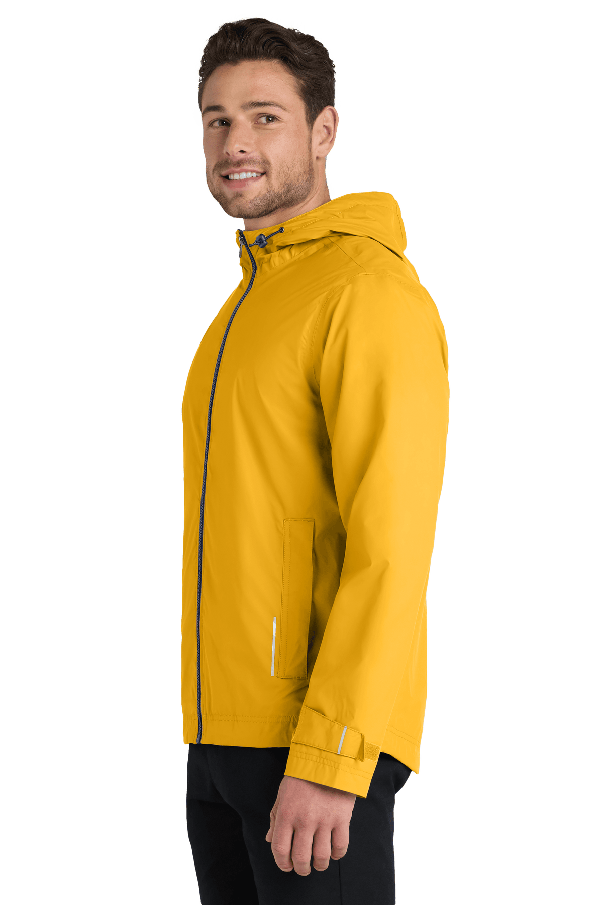 Yellow Port Authority waterproof rain jacket with printed design, showing front view of the lightweight, breathable rain jacket.