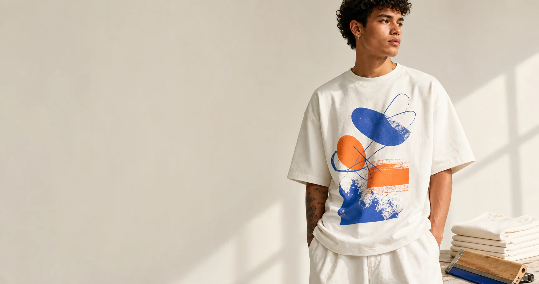 A model wearing a custom-printed heavyweight T-shirt